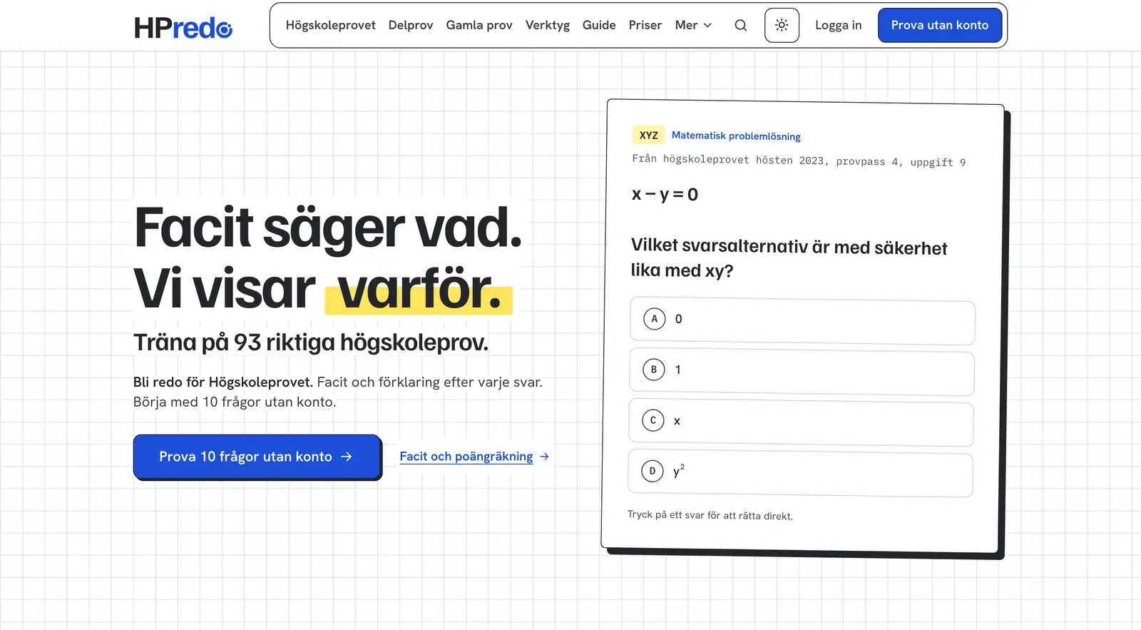 Startsidan på hpredo.se med rubriken Facit säger vad. Vi visar varför, och en övningsfråga i matte till höger.