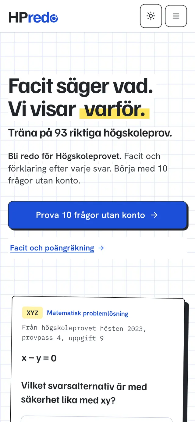 Startsidan på hpredo.se i en mobil, med rubriken Facit säger vad. Vi visar varför.